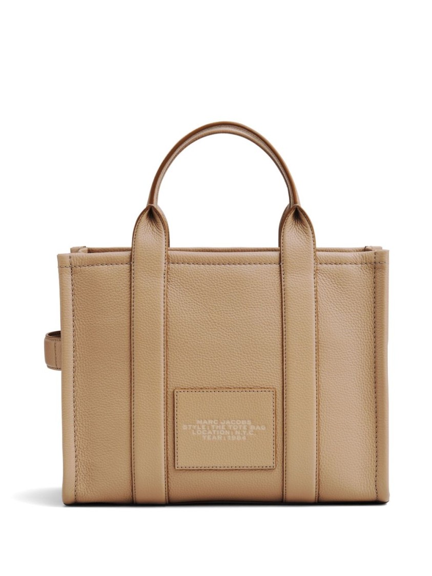 Marc Jacobs Textured Leather Tote Bag With Logo Print And Versatile Carry Options In Neutral