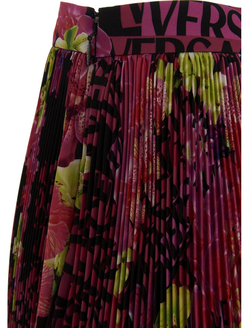 Versace Multicolor Asymmetric Pleated Mini-skirt With Logo Orchid Print In Polyester Woman In Pink