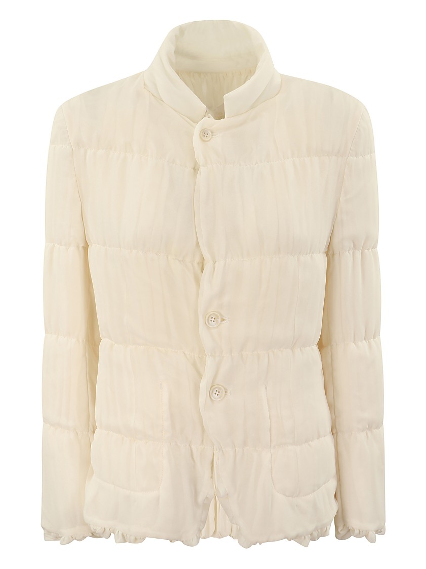 Shop Tao Ruffled High Neck Jacket In White