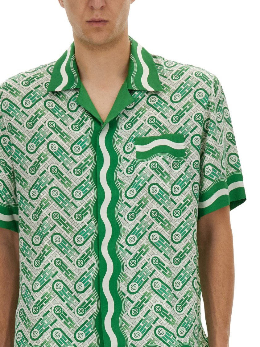 Casablanca Mens Green Ping Pong Ping Pong Monogram Cuban-collar Short-sleeve Silk Shirt In Green