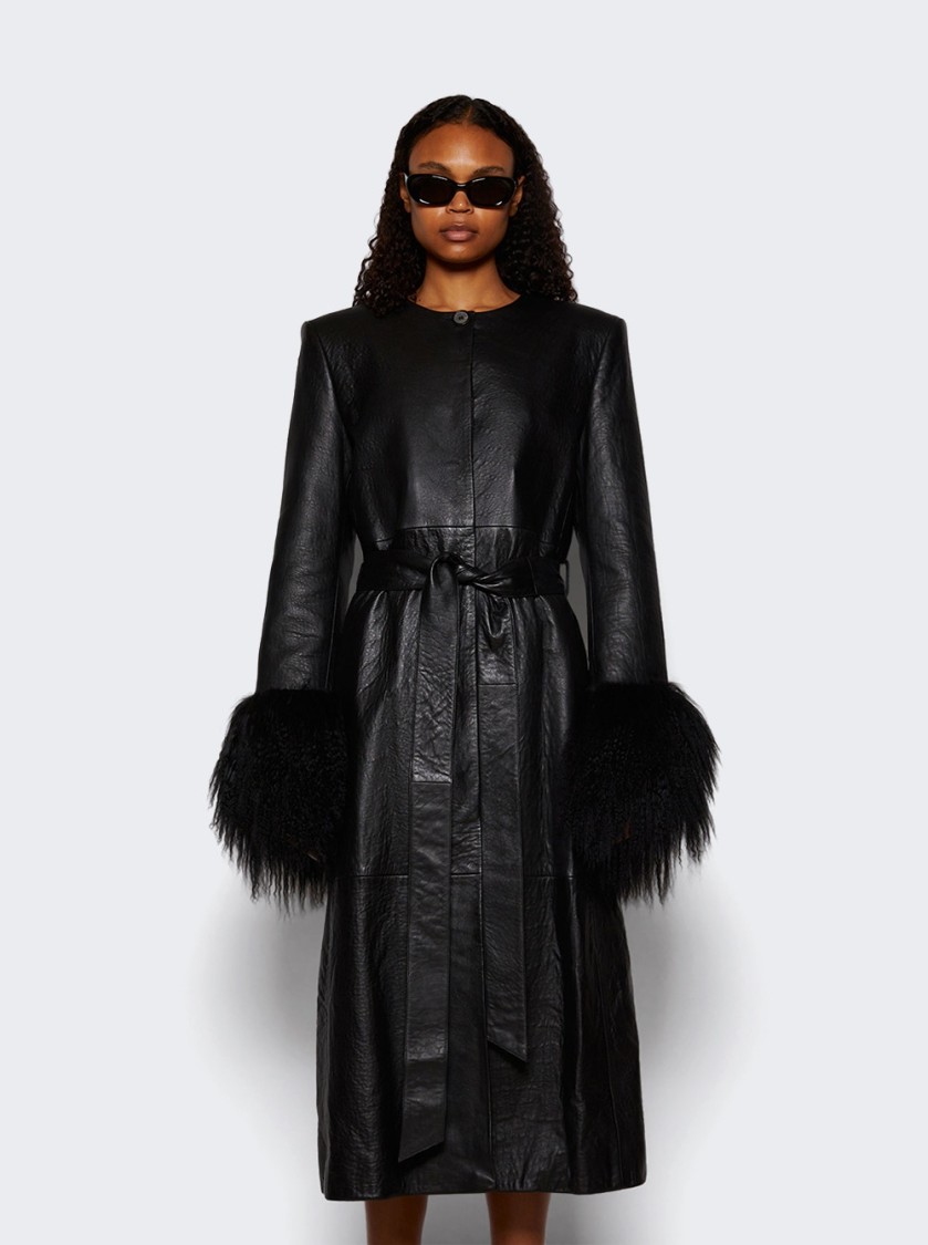 Shop Magda Butrym Longline Leather And Shearling Trim Coat Black