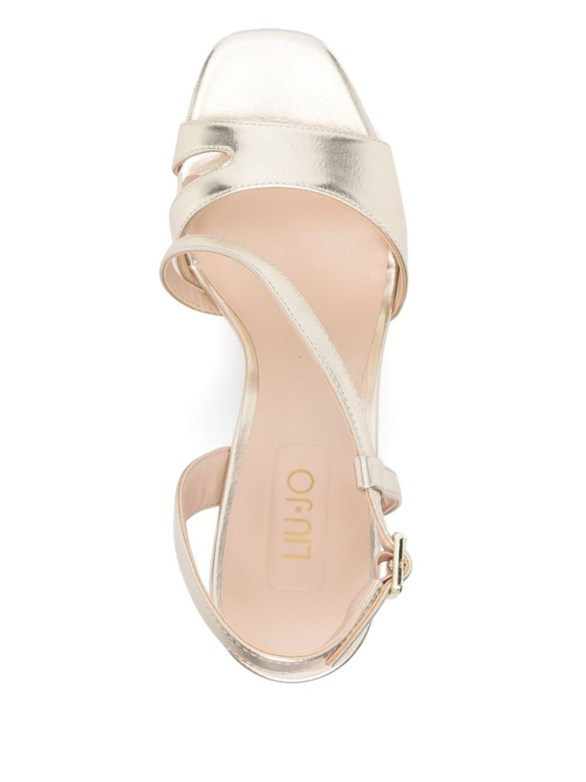 Shop Liu •jo Liu Jo Strappy Sandals With Geometric Block Heel And Glossy Finish In Neutrals