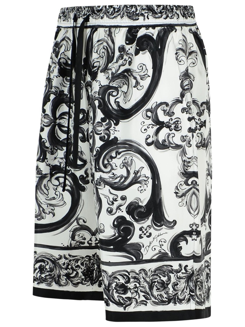 Dolce & Gabbana Maiolica Black And White Shorts With Elastic Drawstring Closure And All-over Print In Silk Man In Black