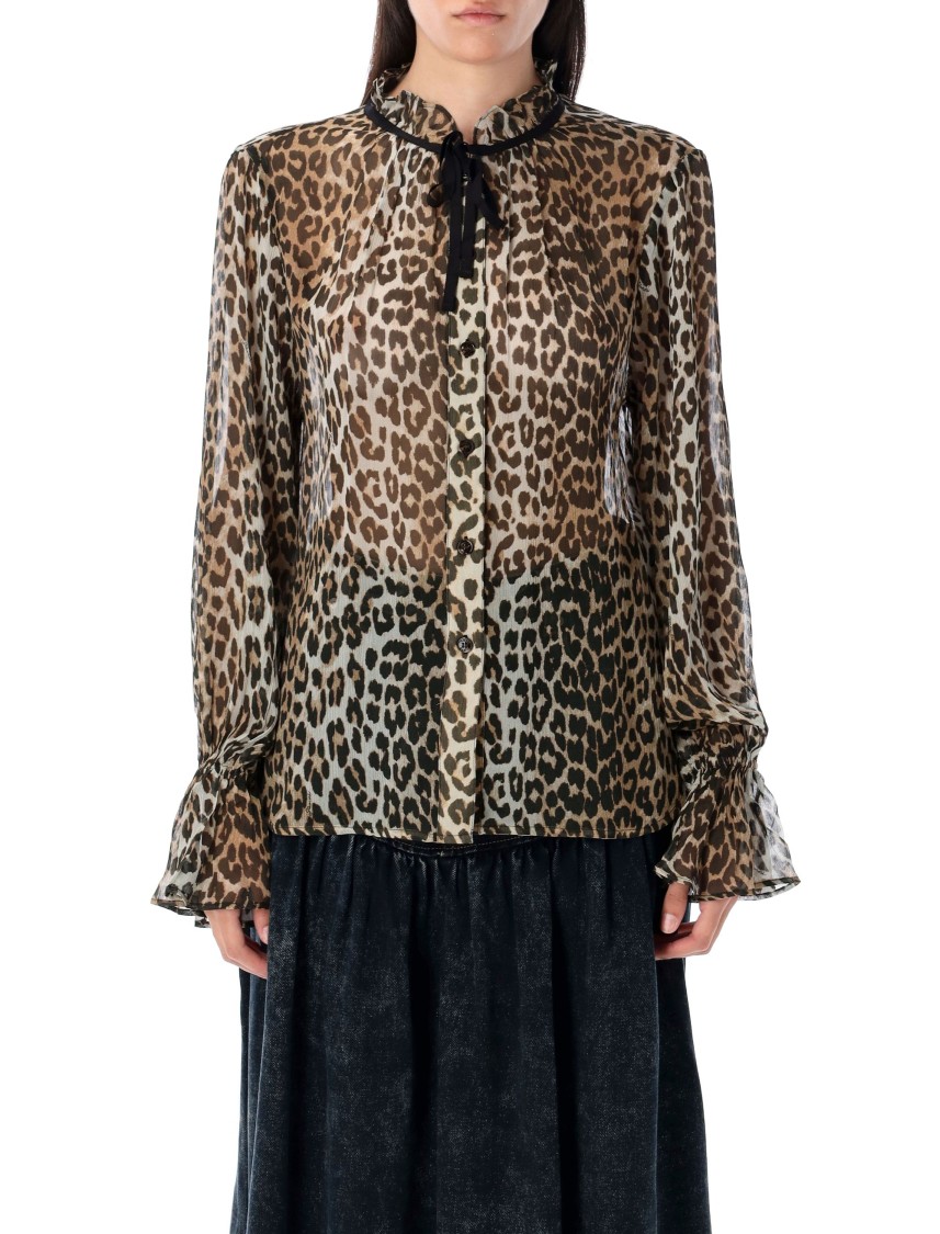 Ganni Leopard Print Chiffon Tie String Shirt In Animal Print