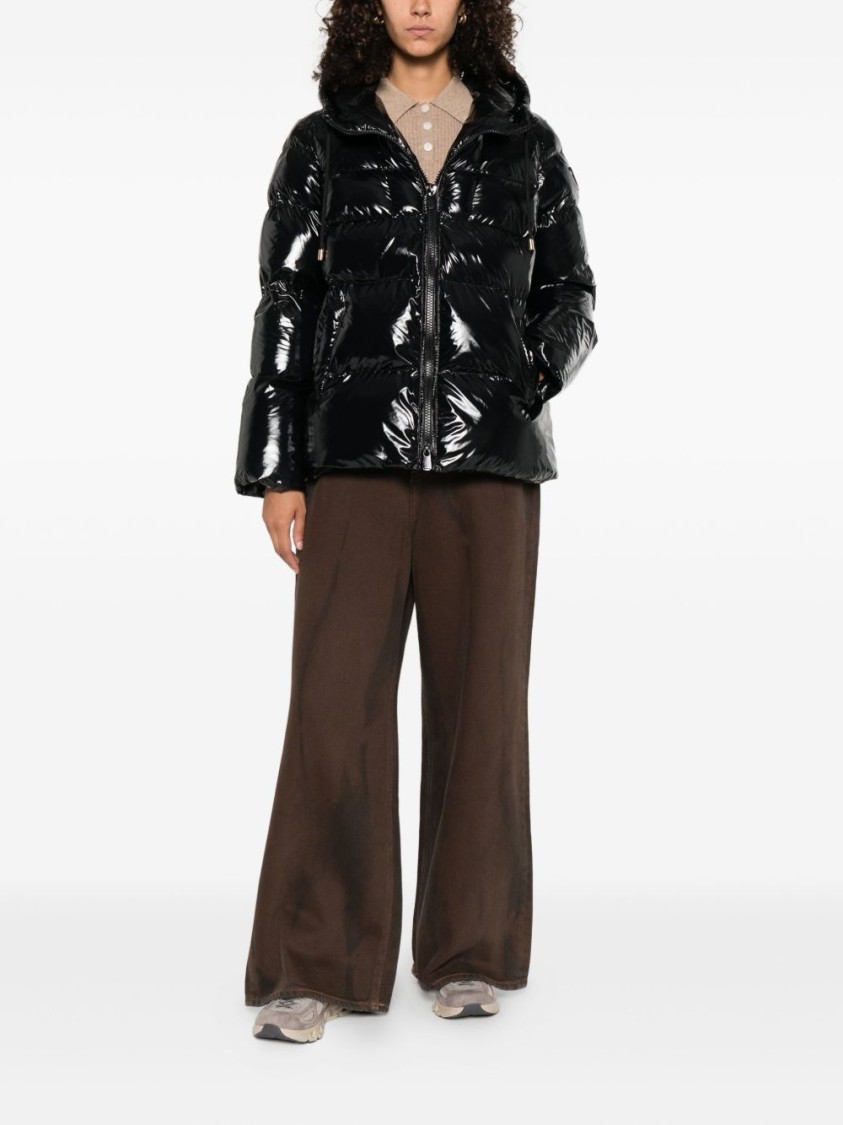 Pinko Oversized Black Puffy Coat With Glossy Finish And Hood In Black