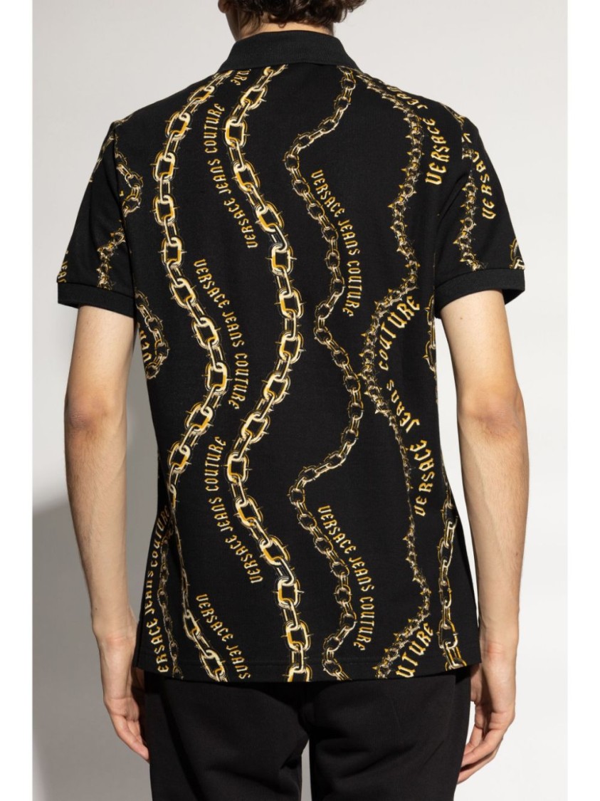 Shop Versace Jeans Couture Black Polo Shirt With Chain Pattern
