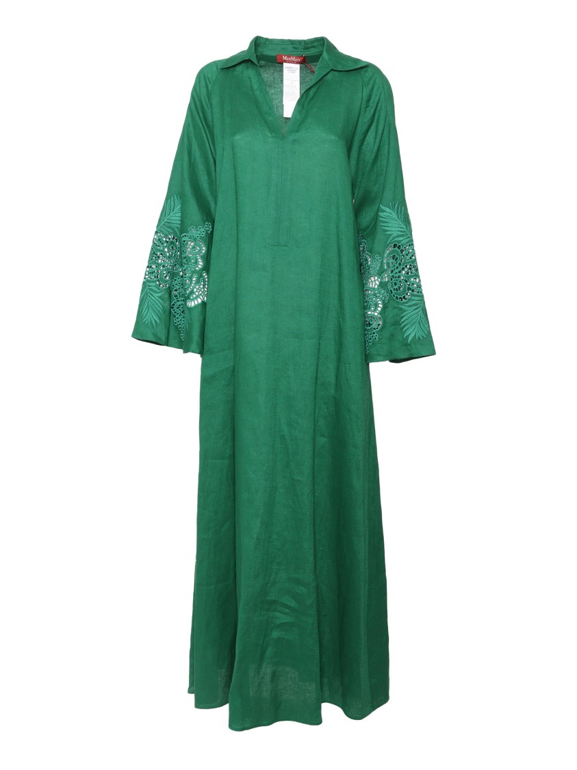 Max Mara Embroidered Flax Linen Midi Dress With Flair