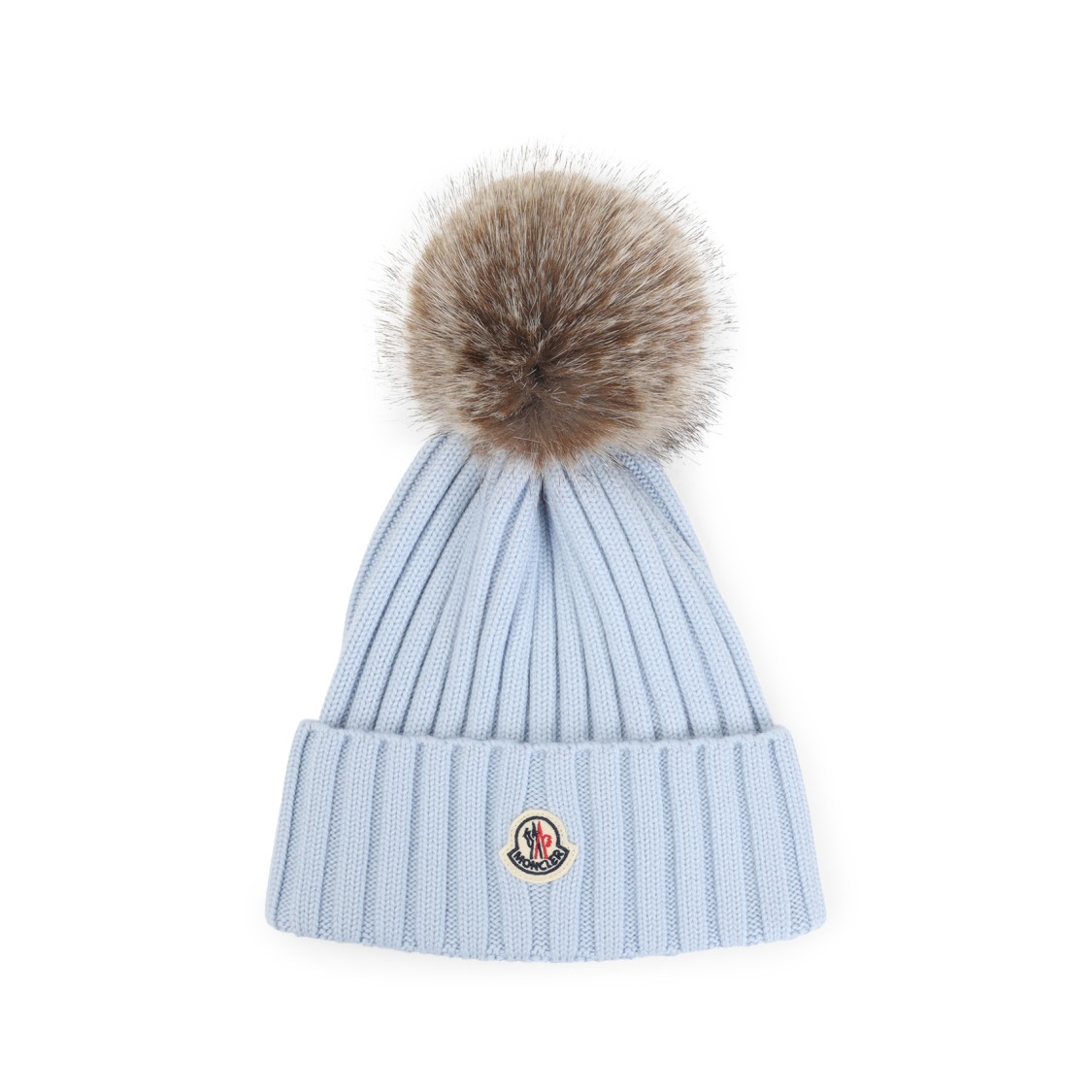 Moncler Ribbed Knit Hat With Fluffy Pom-pom In Blue