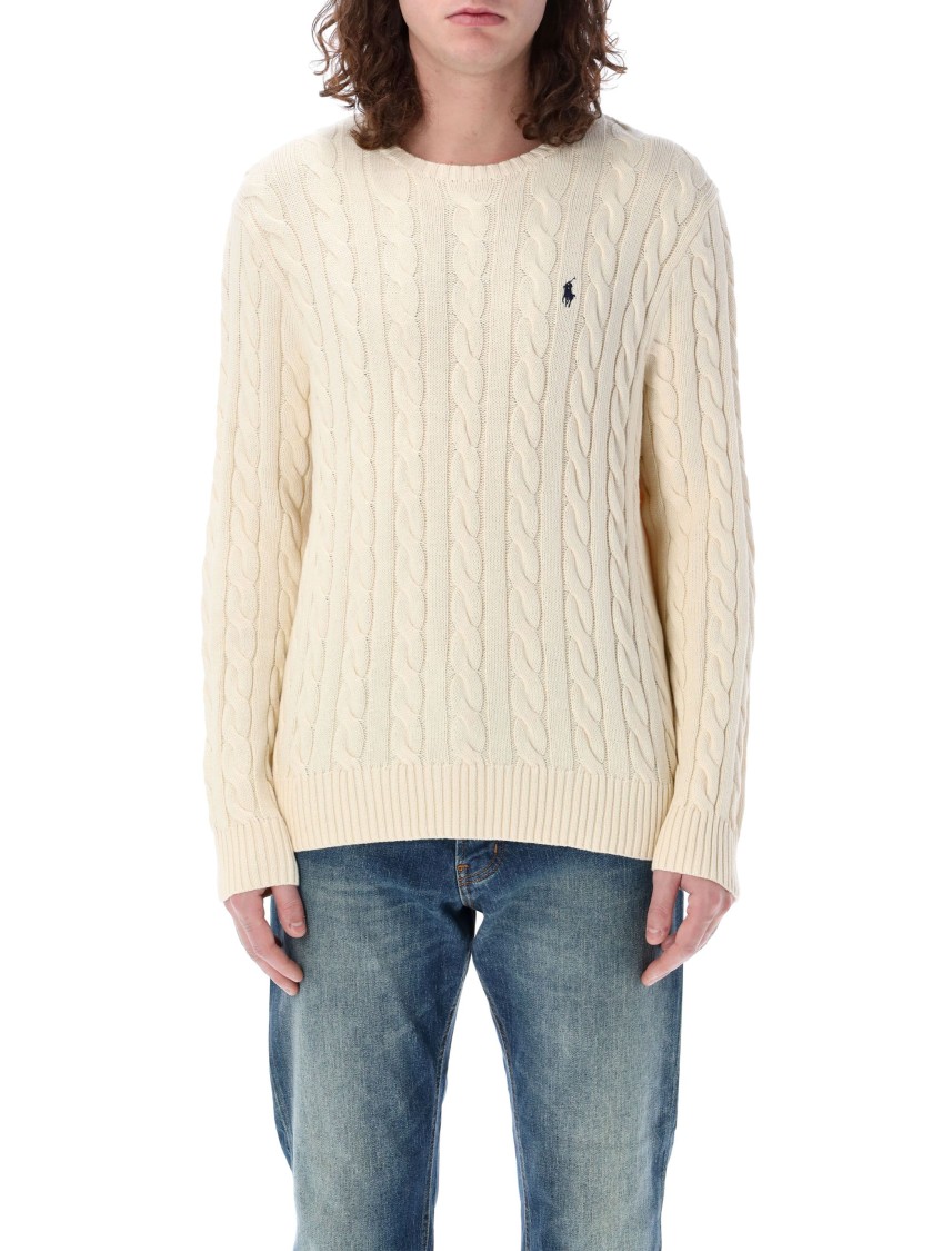 Shop Polo Ralph Lauren Textured Cable Knit Sweater With Ribbed Neckline In Neutrals