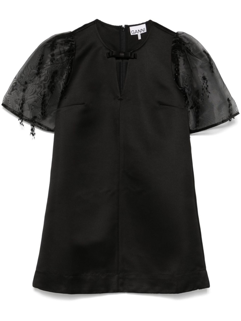Ganni Black Short Dress With Puff Sleeves In Black