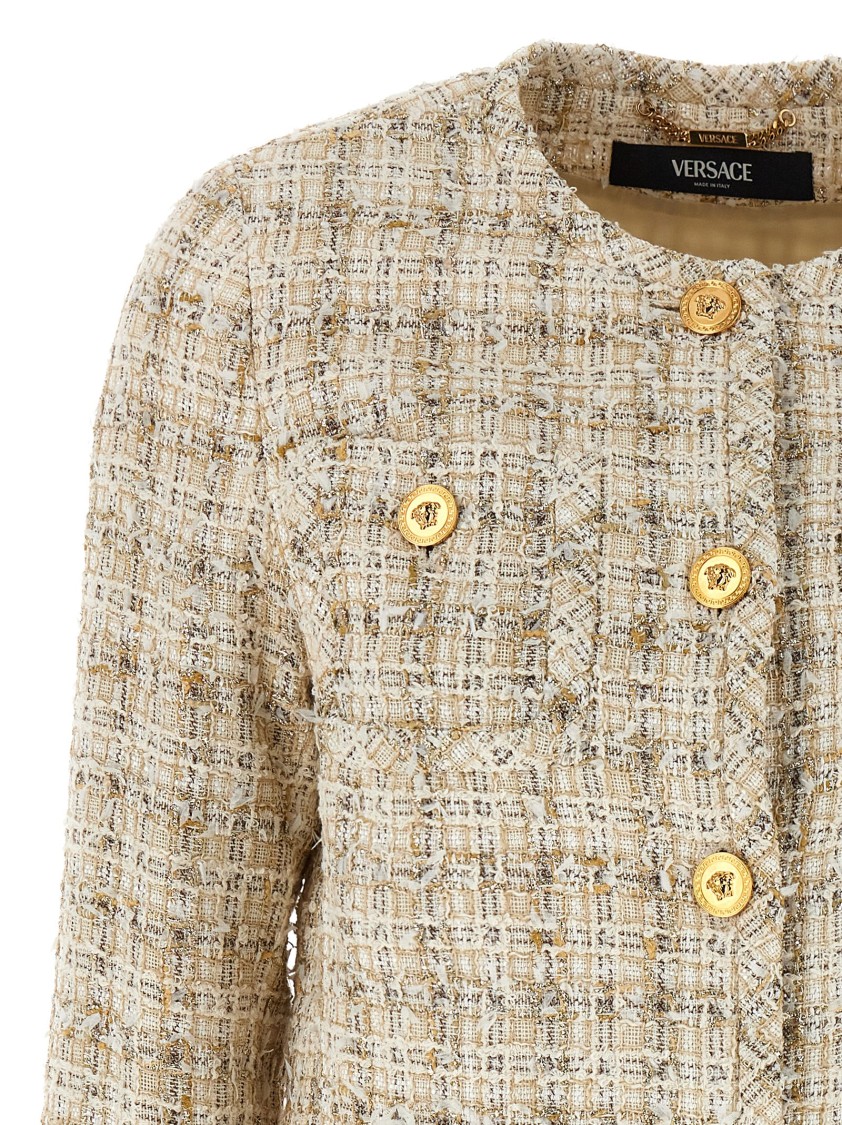 Versace Beige Cropped Jacket With Medusa Head Motif Button In Neutral