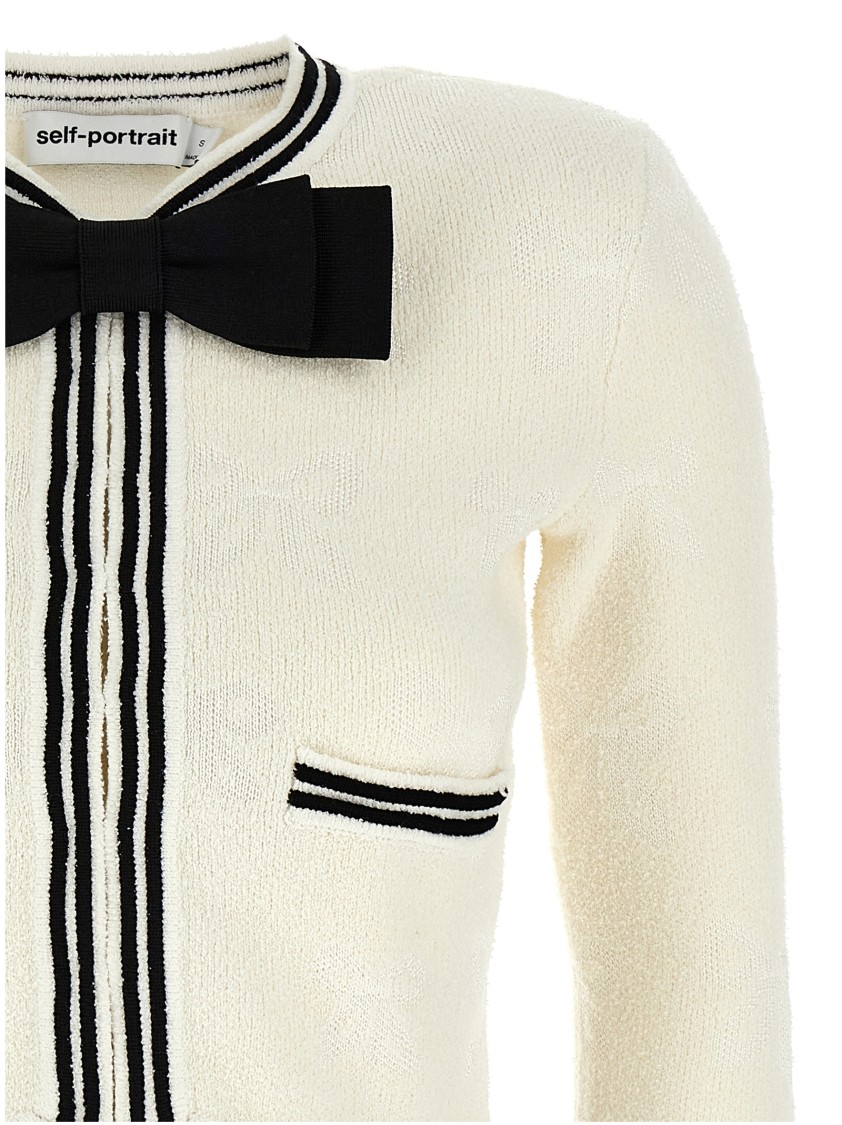 Self-portrait Beige Cardigan With Bow Detail On The Front And Contrasting Trims In Cotton Blend Woman In Neutral