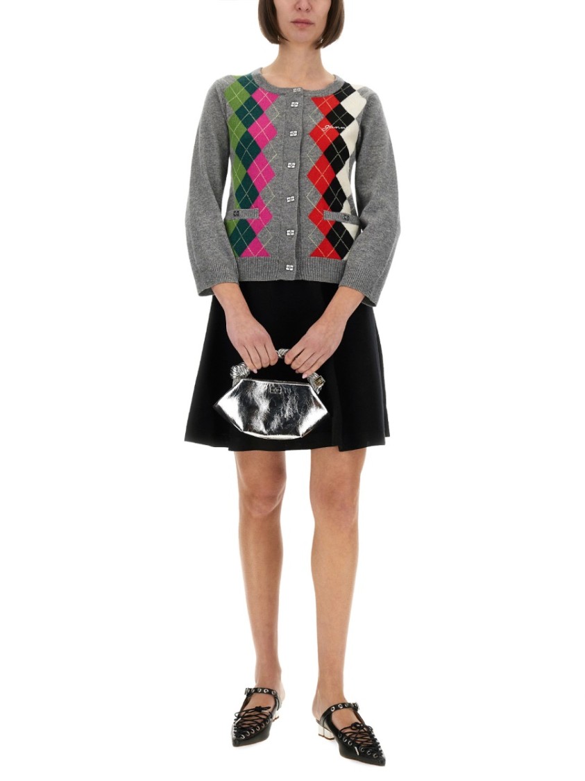 Ganni Womens Paloma Melange Rhombus-print Round-neck Wool And Cashmere Cardigan