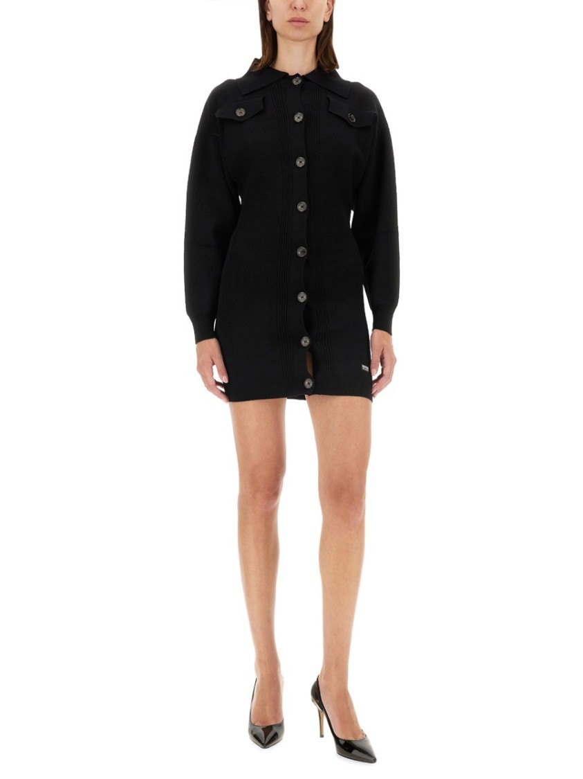 Moschino Ribbed Mini Dress With Button-down Front In Black