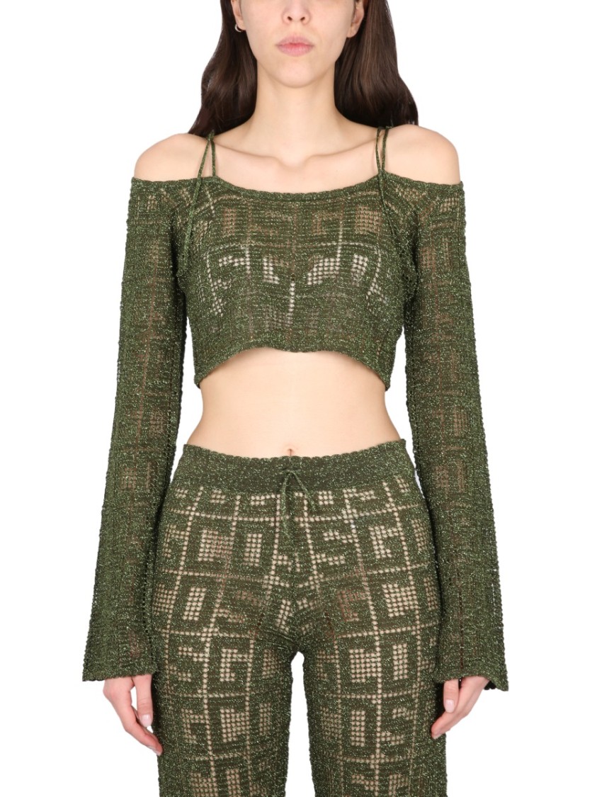 Gcds Cropped Geometric Knit Top With Long Sleeves In Green