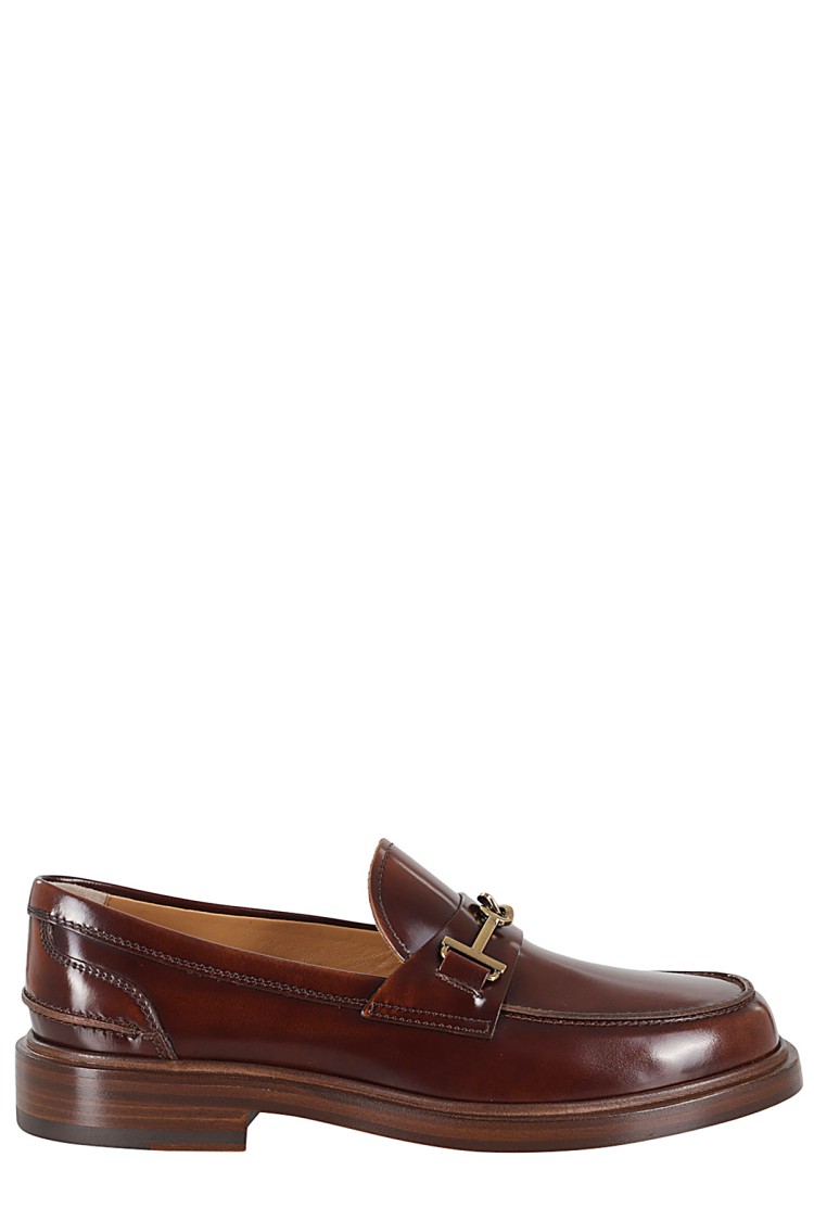 Shop Tod's Brushed Leather Loafer With Gold Buckle Detail In Brown