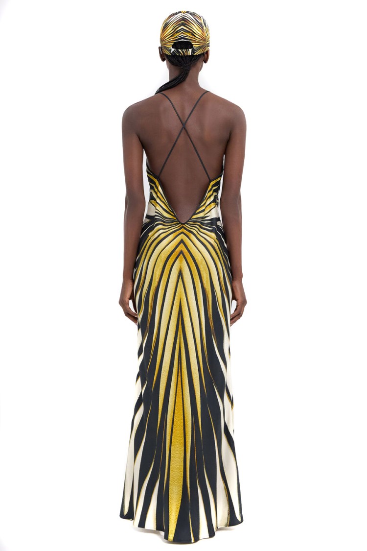 Roberto Cavalli Multicolor Silk Dress With Dynamic Stripes And V-cut Back In Multicolor