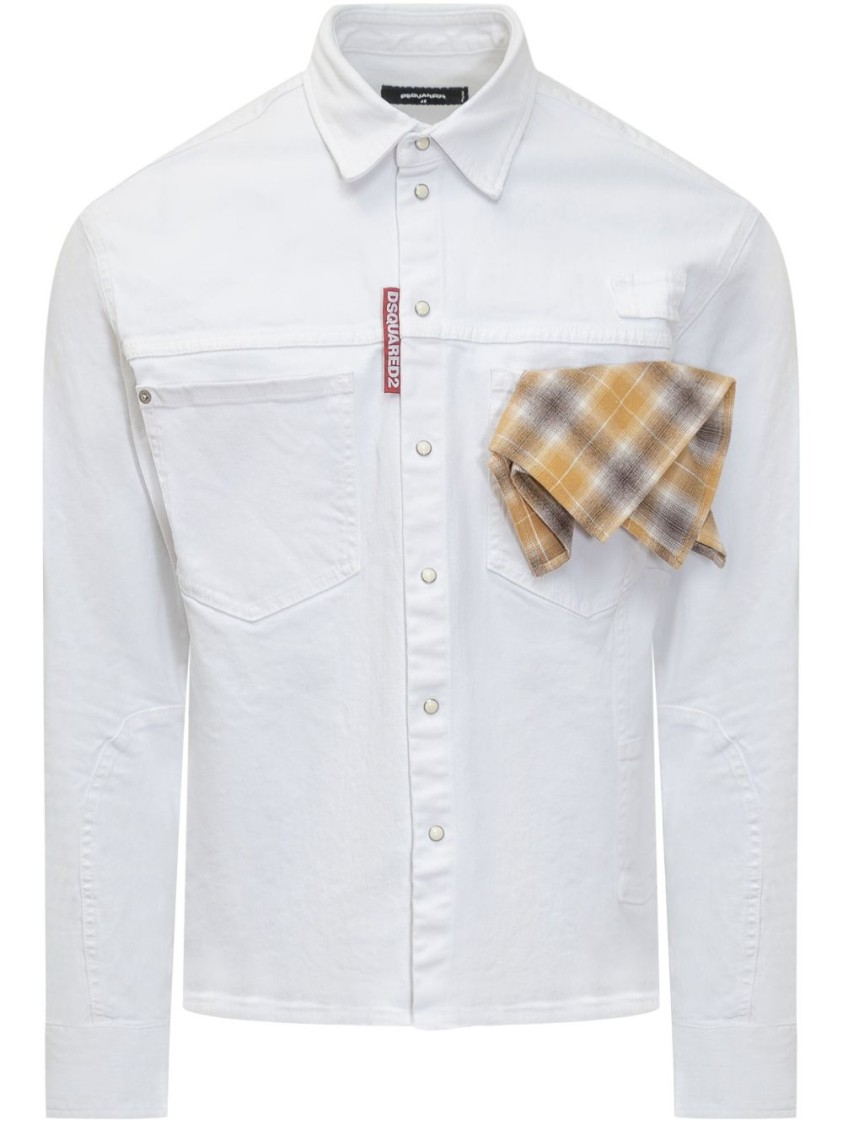 Dsquared2 White Cotton Denim Carpenter Shirt With Checked Pocket Square In White