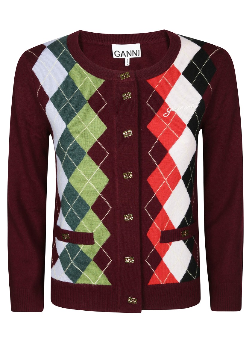 Ganni Multicolor Crewneck Cardigan With Jewel Buttons And Gemetric Motif On The Front In Burgundy