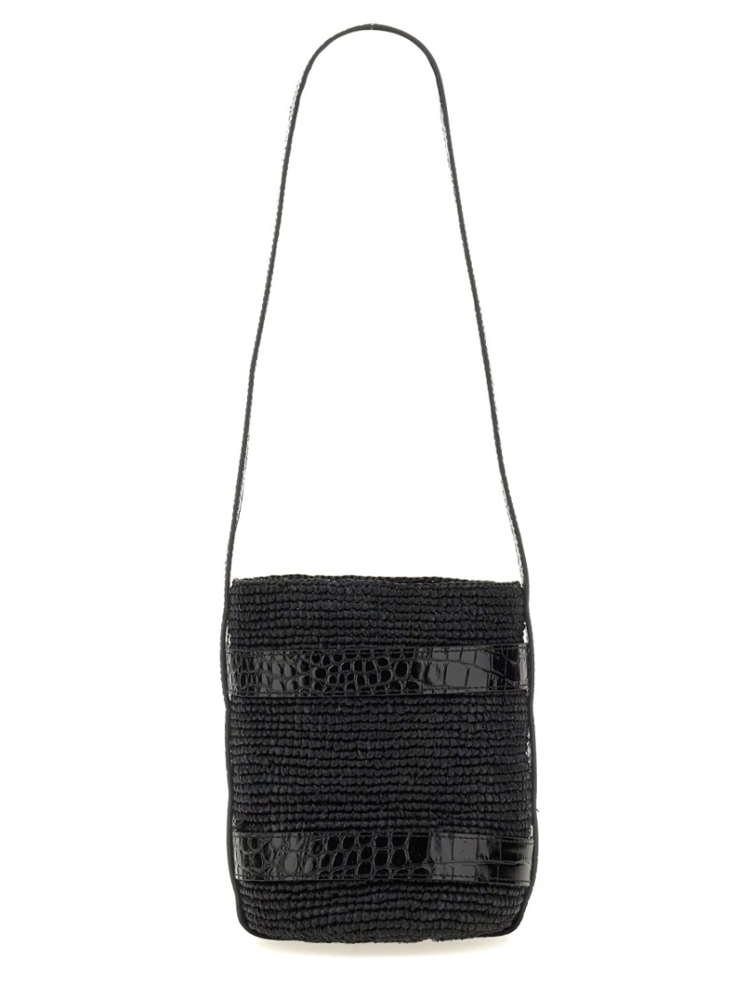 MANEBI MANEBI TEXTURED RAFFIA BUCKET BAG WITH GLOSSY ACCENTS
