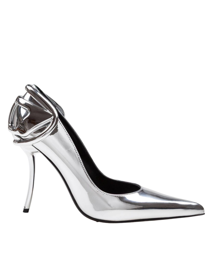 Diesel Metallic Leather Pumps With Curved Heel Silver Color In Silver