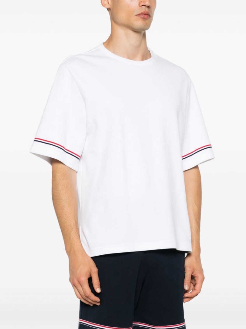 Thom Browne White Crewneck T-shirt With Rwb Detail On Neck And Sleeve In White