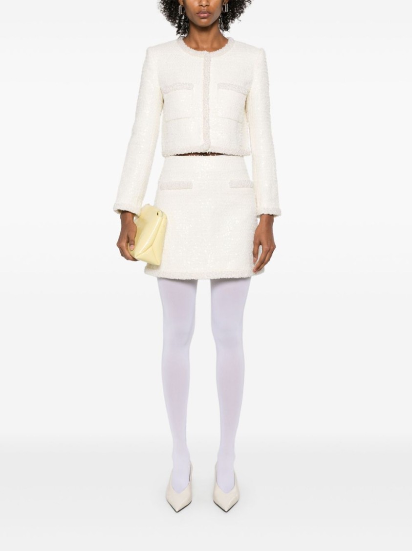 Shop Self-portrait Bouclé Faux-pearl-trim Jacket In White