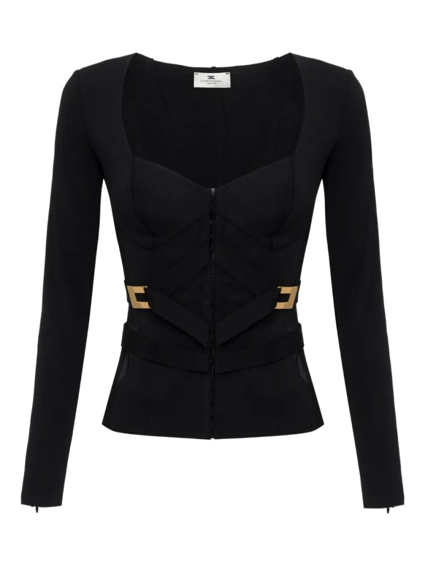 Elisabetta Franchi Cross-front Paneled Jacket With Sweetheart Neckline And Buckle Detailing In Black