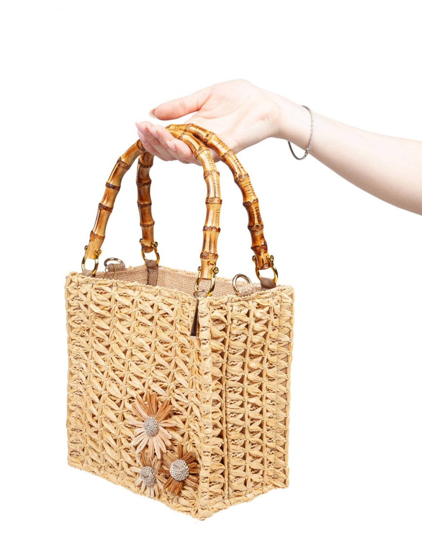 La Milanesa Camille Small Tote Bag In Straw With Flowers In Neutral