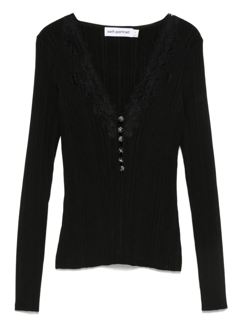 Self-portrait Black Lace Trim Knit Top Tops Black In Black
