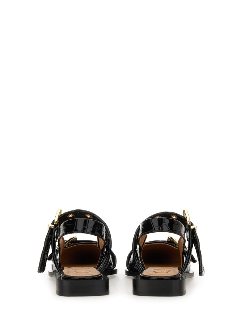 Ganni Buckle Ballerina Crocodile-effect Slingback Flats In Black