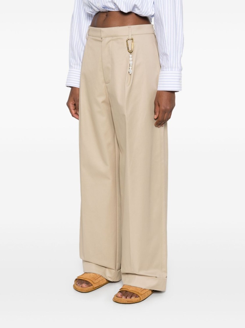 Shop Darkpark Beige Relaxed Wide-leg Trousers With Pearl Accents