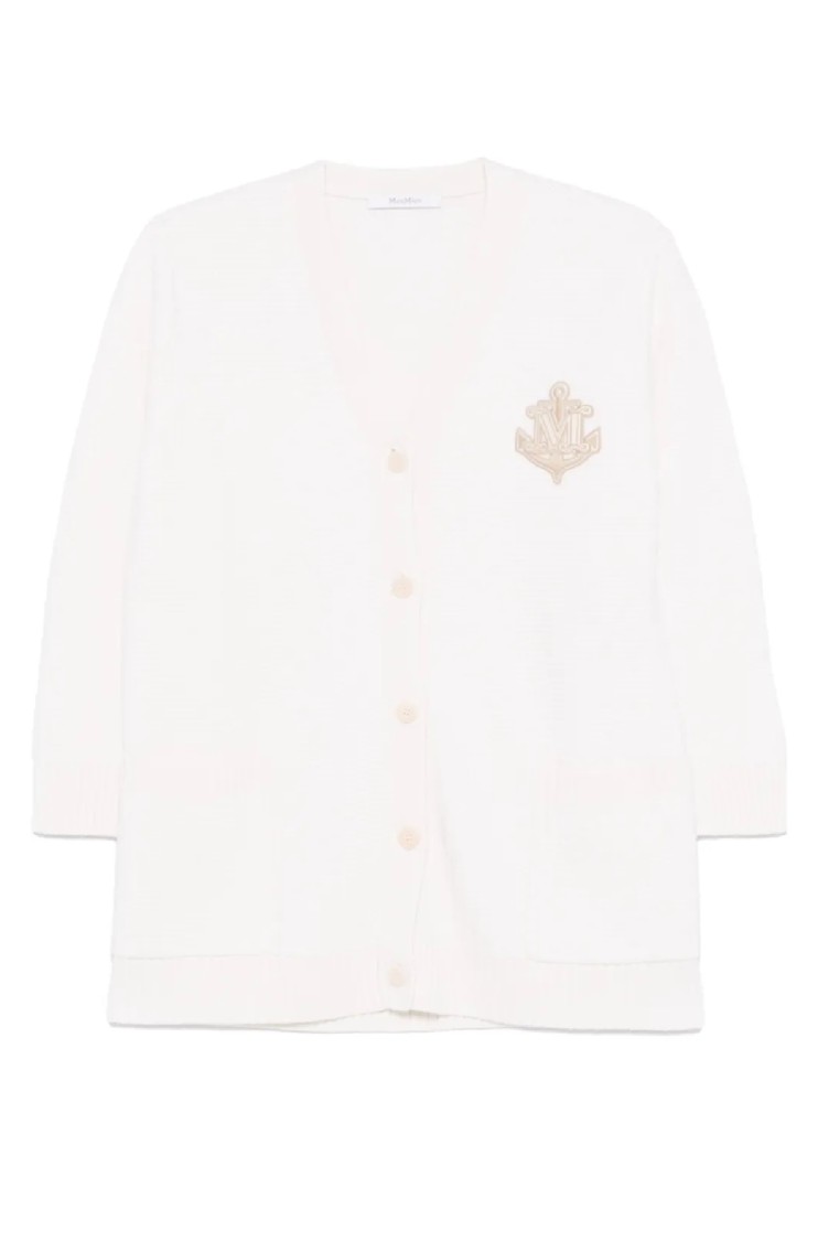 Shop Max Mara Ravello Cardigan With Deep V-neck And Embroidered Emblem In White