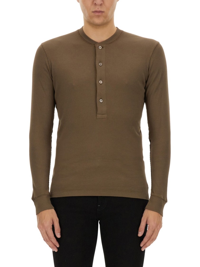 Shop Tom Ford Ribbed "henley" T-shirt In Brown