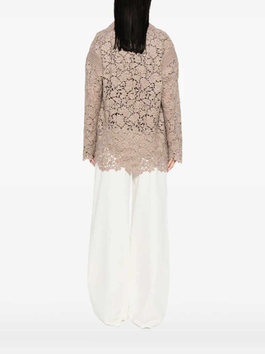 Ermanno Scervino Lace-detail Cardigan With Scalloped Hemfront In Brown