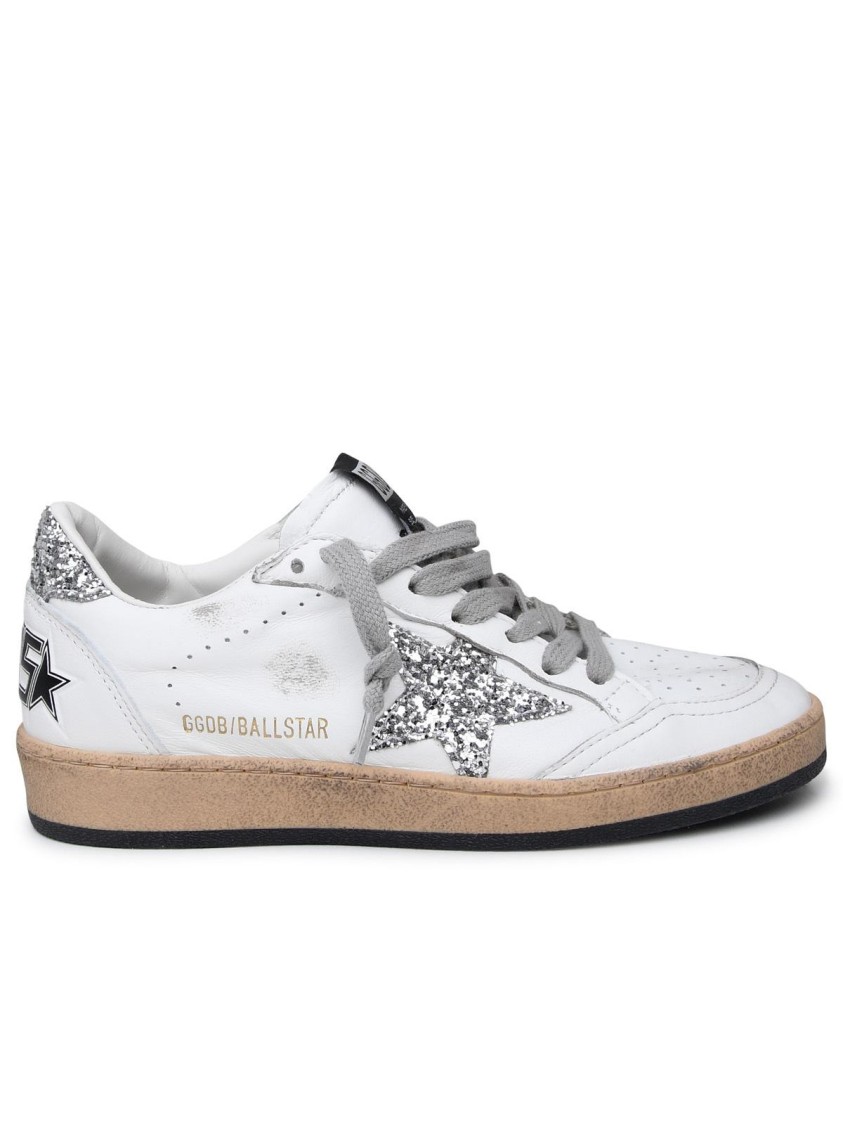Golden Goose Ball Star Distressed Glittered Leather Sneakers In White