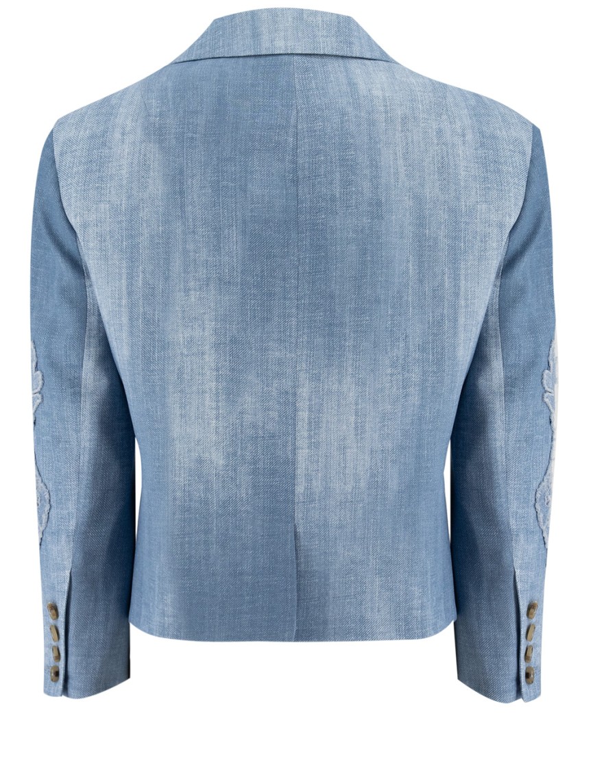 Ermanno Scervino Single Breasted Jacket With Floral Appliqués And Denim Effect In Blue