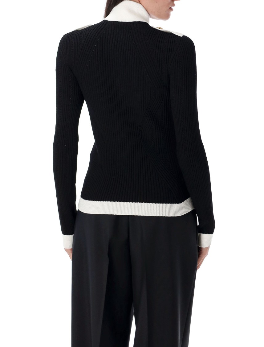Balmain Two-tone Openwork And Ribbed Knit Cardigan In Black