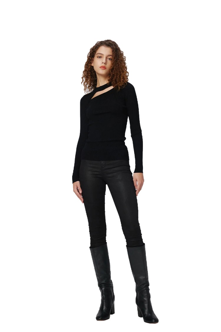 Diane Von Furstenberg Asymmetrical Cutout Black Top With Ribbed Texture In Black