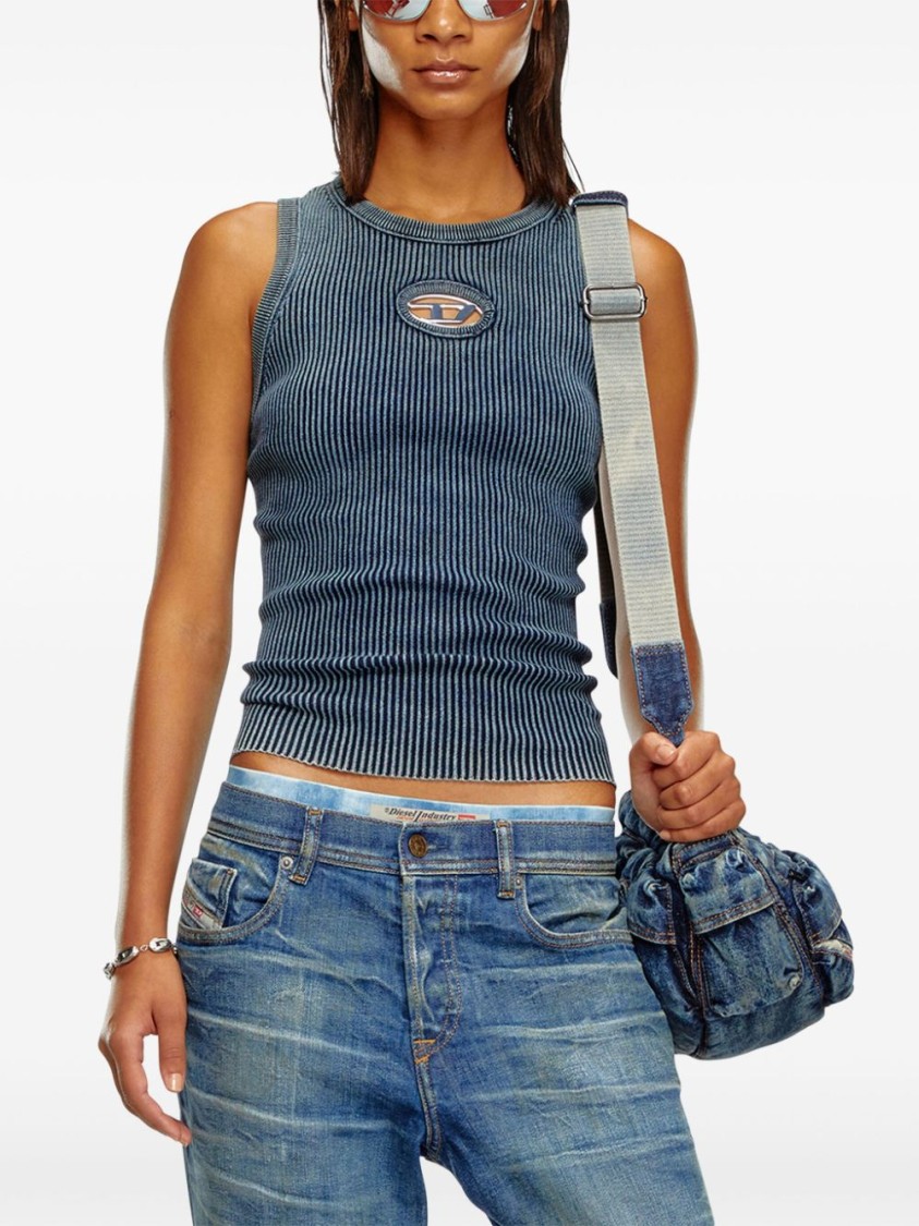 Diesel Ribbed Sleeveless Top With Distinctive Logo Detail In Blue
