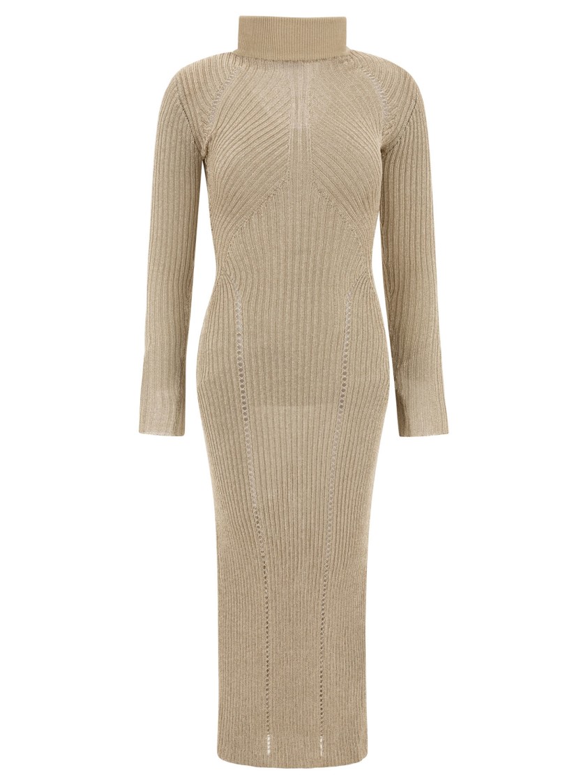 Self-portrait Fitted Midi Dress With High Turtleneck In Brown