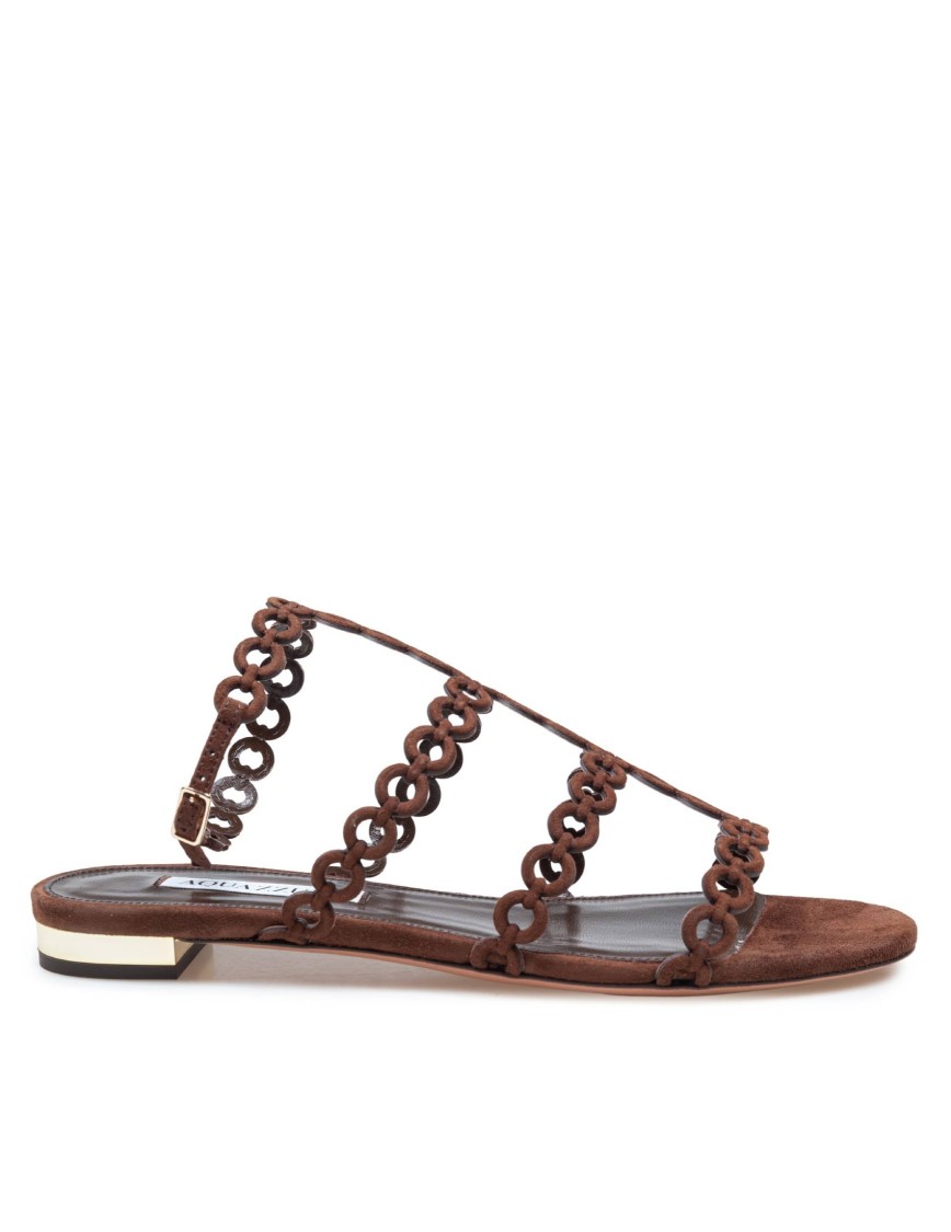 Aquazzura Espresso Suede Flat Sandals With Chain Detail