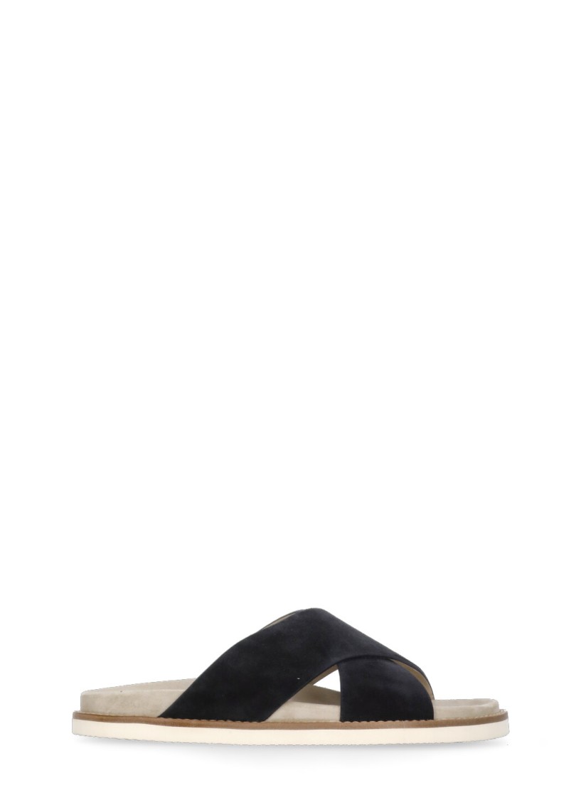 Brunello Cucinelli Black Suede Leather Slippers With Cross-strap Silhouette In Black