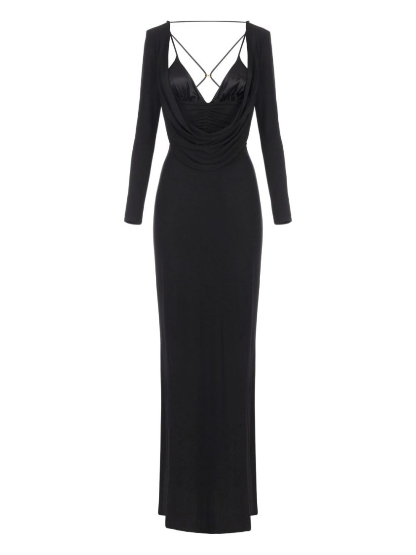 Elisabetta Franchi Draped Black Maxi Dress With Deep Neckline In Black