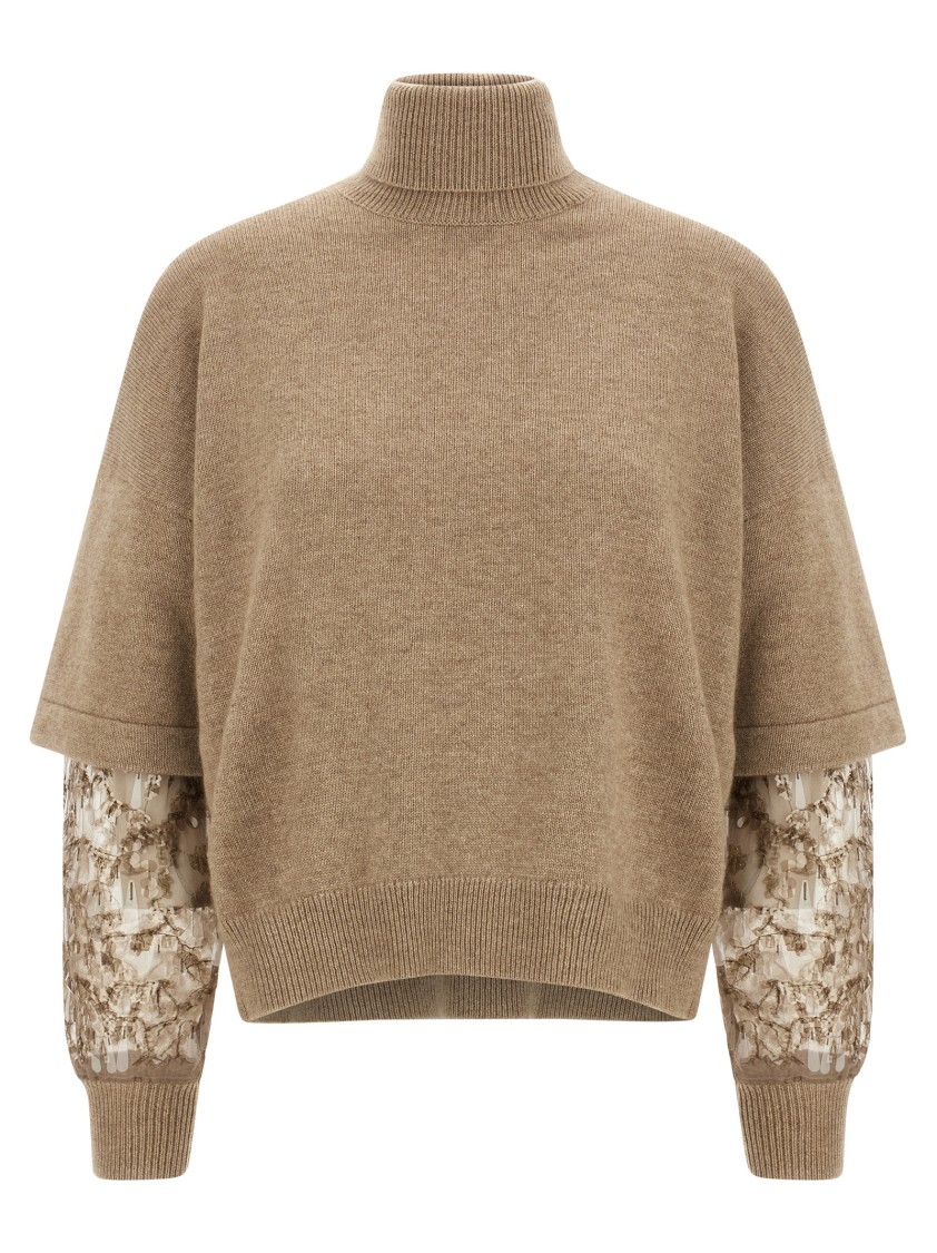 Brunello Cucinelli Cashmere Turtleneck Sweater With Sheer Sequined Sleeves In Brown