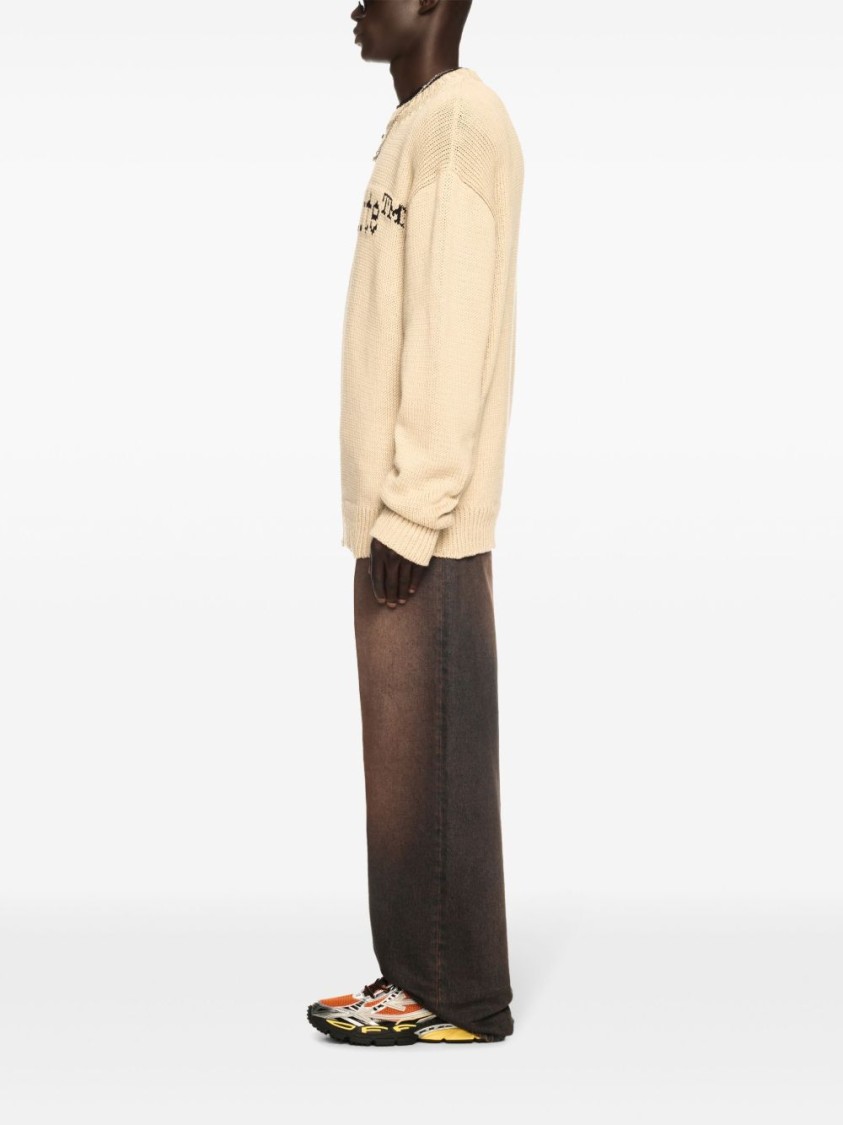 Off-white Relaxed Fit Beige Sweater With Ribbed Neckline In Brown