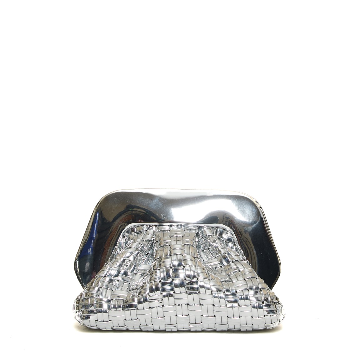 Themoirè Woven Silver Vegan Leather Clutch With Mirrored Finish In Silver