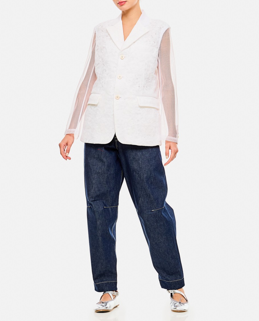 Comme Des Garçons Tulle Blazer Jacket With Micro-flower Overlay In White