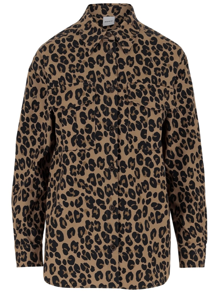 Aspesi Leopard Print Stretch Cotton Shirt In Brown