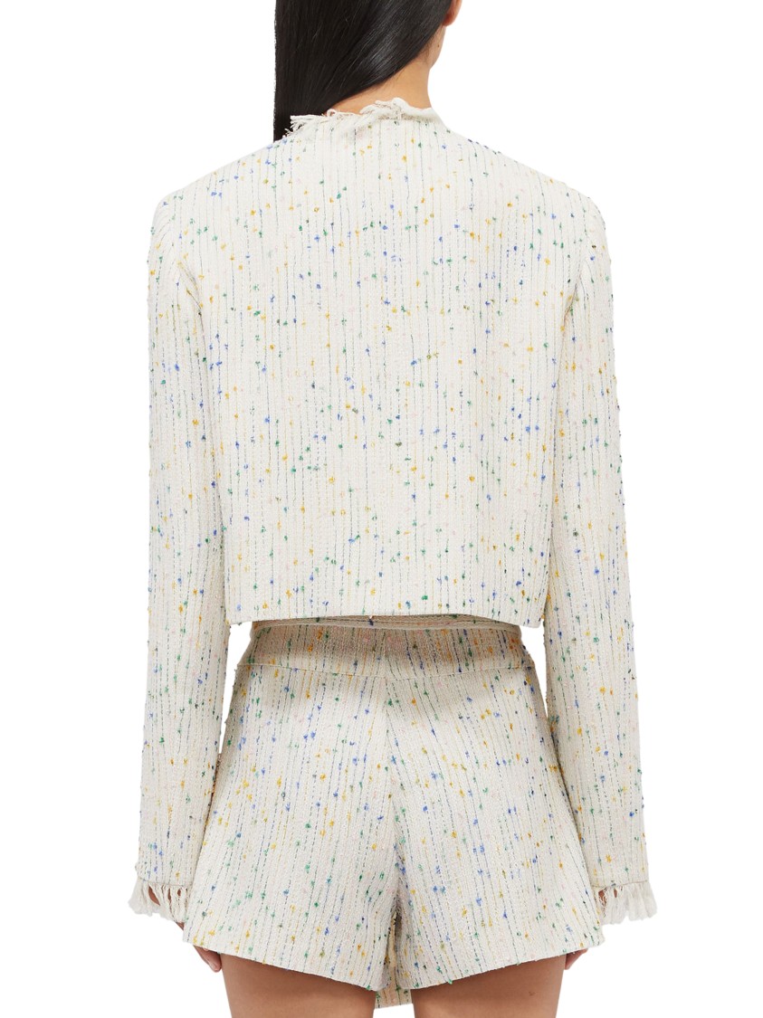 Msgm Cropped Textured Jacket With Fringe Details In White